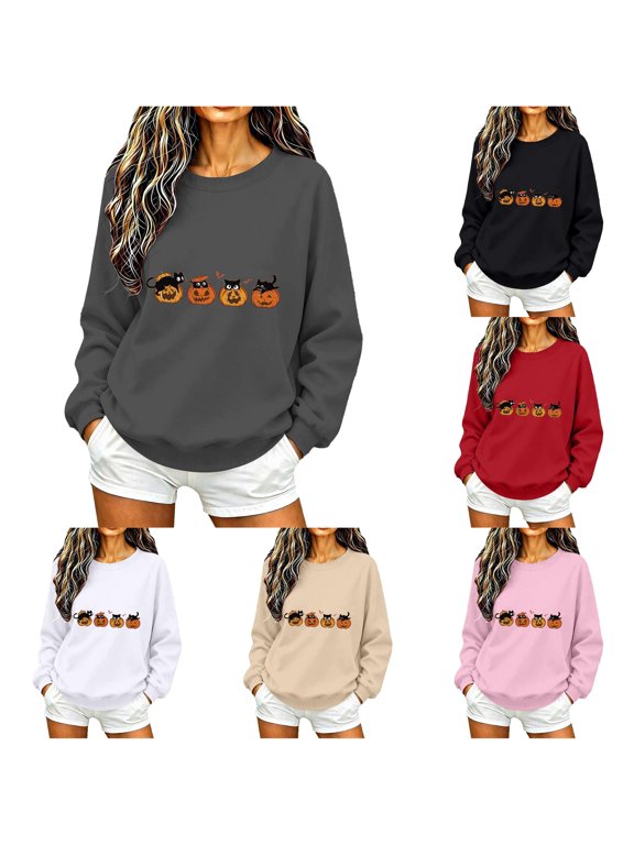 Women's Hoodless Sweatshirt for Wear Cozy Crewneck Long Sleeve Cat Print Halloween Themed Seasonal Women Grey L