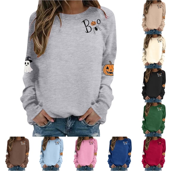 Women's Hoodless Sweatshirt for Wear with Halloween Graphic Crewneck Long Sleeve Casual Pullover Top Women Grey XXL