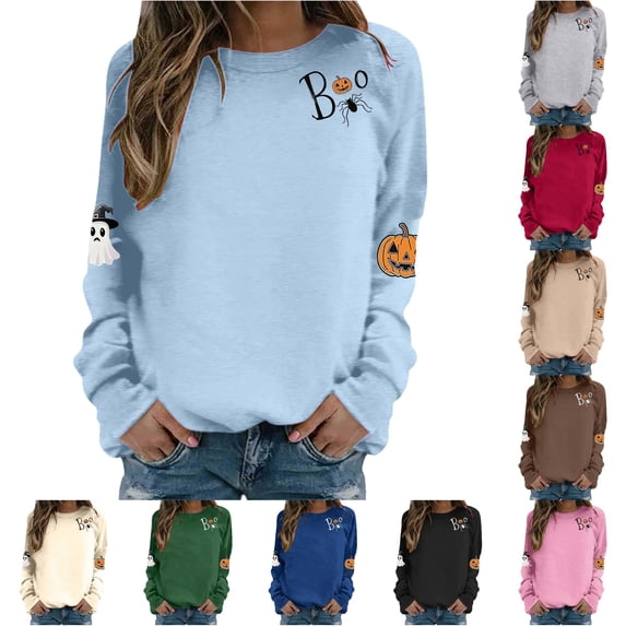 Women's Hoodless Sweatshirt for Wear with Halloween Graphic Crewneck Long Sleeve Casual Pullover Top Women Light Blue XXL