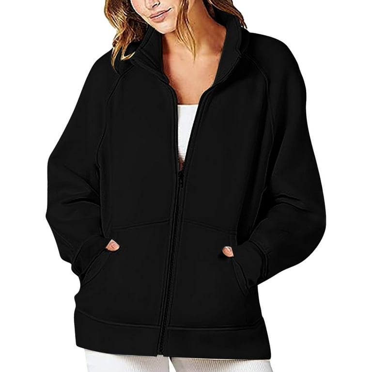 Women s Hoodless Sweatshirts Solid Color Long Sleeve Clothes Oversized Zip Up Fashion Trendy Jackets Pullovers Comfy Tops Office Workout Sweatshirt