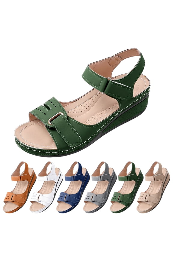 Women's Hook-and-Loop Wedge Casual Sandals Open-Toe Soft Sole Non-slip Summer Comfort Footwear Green 36