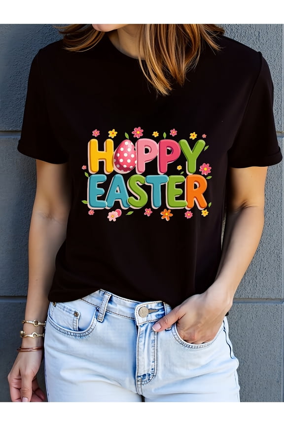 Women's Hoppy Easter Graphic T-Shirt Retro Colorful Floral Spring Holiday Short Sleeve Cotton Blend Tee Festive Apparel