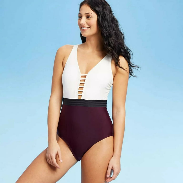 Women's Horizontal Colorblock Low Plunge One Piece Swimsuit - Kona Sol™,  Size XS