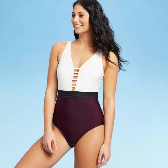 Women's Horizontal Colorblock Low Plunge One Piece Swimsuit - Kona Sol, Size XS