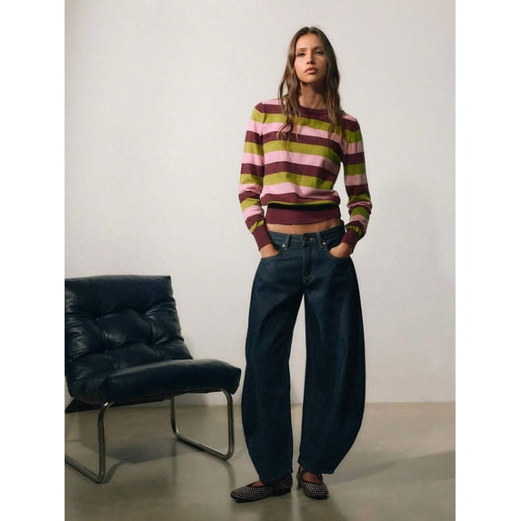 Women's Horizontal Striped Knit Sweater Crew Neck Drop Shoulder Long Sleeve Loose Fit Ribbed Cuffs Hem Pullover for Fall Winter Layering Office Commute Daily Outfits