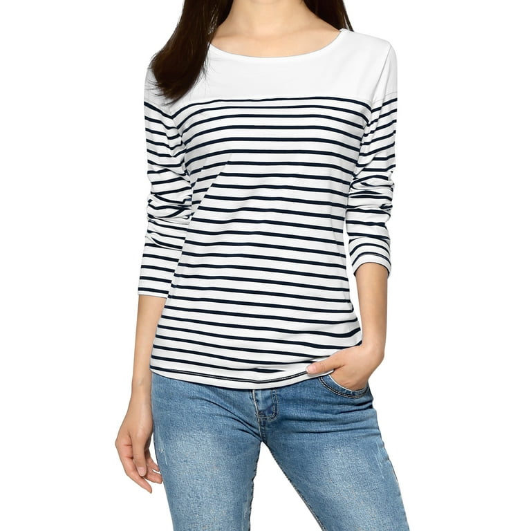 Women s Horizontal Striped Round Neck Long Sleeves Tee Shirts