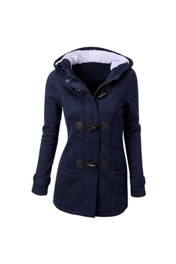 Women's Horn Button Jacket Hooded Stylish Winter Warm Longline Coats with Fleece Lining MidLength Warm Coats Outwear