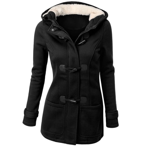 Women's Horn Button Jacket Hooded Stylish Winter Warm Longline Coats with Fleece Lining MidLength Warm Coats Outwear