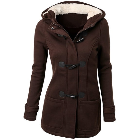 Women's Horn Button Jacket Hooded Stylish Winter Warm Longline Coats with Fleece Lining MidLength Warm Coats Outwear