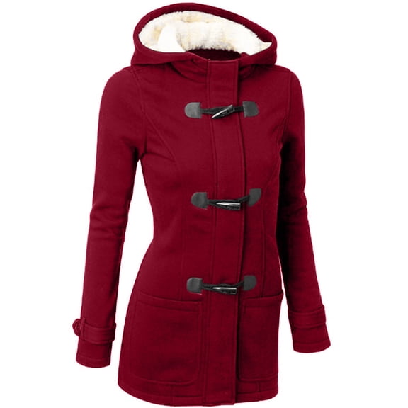 Women's Horn Button Jacket Hooded Stylish Winter Warm Longline Coats with Fleece Lining MidLength Warm Coats Outwear
