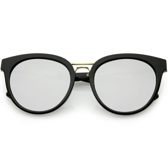 Women's Horn Rimmed Round Cat Eye Sunglasses Double Nose Bridge Round Lens 57mm (Black / Silver Mirror)