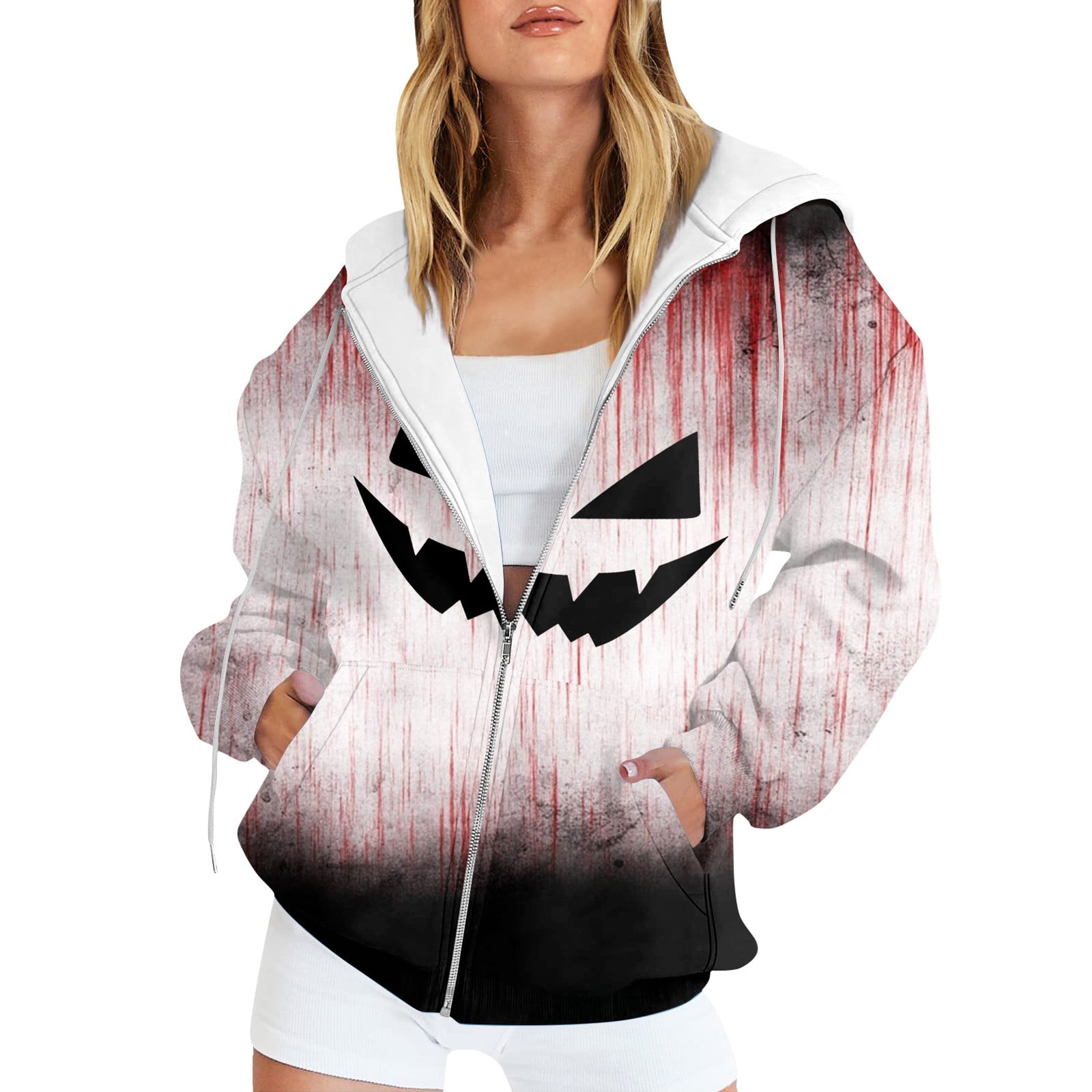 Women s Horror Themed Zip Up Hoodie Spooky Blood Splatter Design Comfortable and Stylish