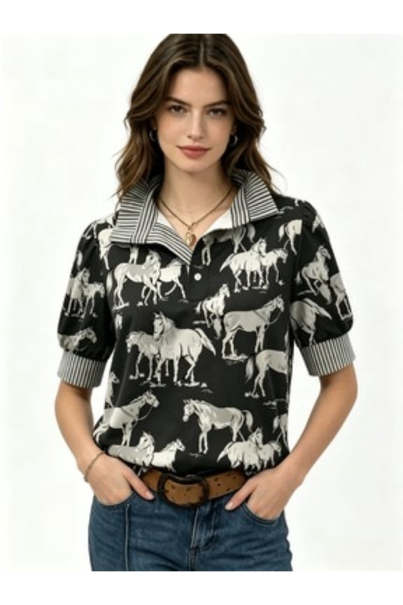 Women's Horse Print Button Down Shirt, Short Sleeve Contrast Collar Casual Top for Western & Everyday Wear