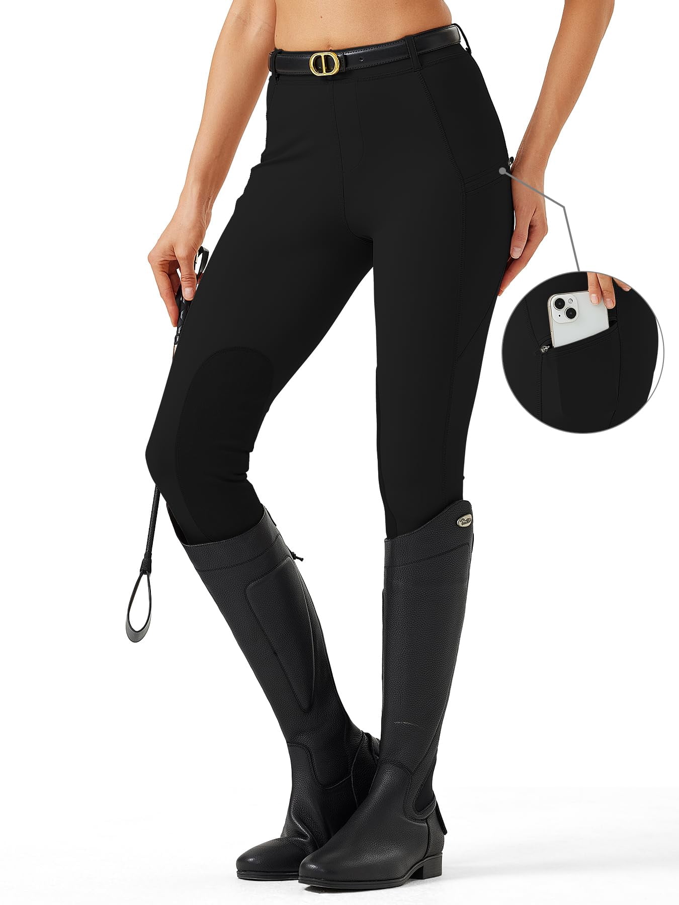Women's Horse Riding Pants with Zipper Pockets Knee-Patch Schooling Tights Equestrian Breeches for Women Black XXL
