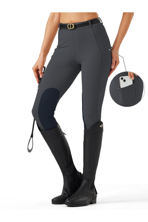 Women's Horse Riding Pants with Zipper Pockets Knee-Patch Schooling Tights Equestrian Breeches for Women Dark Grey L