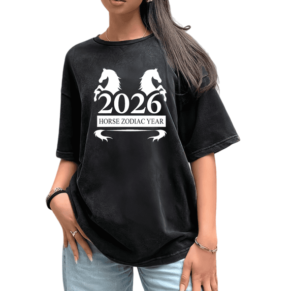 Women's Horse Zodiac 2026 Breathable T-Shirt Casual Top Zodiac-Themed Graphic Cotton Black S-2XL Plus Size