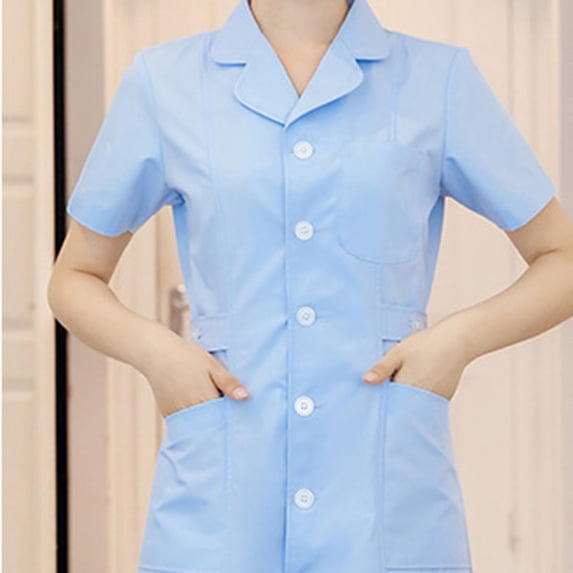 Women's Hospital Nursing Work Dress Short Sleeve Lapel Collar Button Front Medical Uniform Dress Blue L