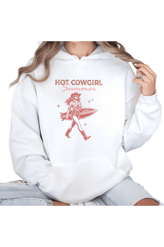 Women's Hot Cowgirl Summer Star Decor Cowgirl Surfing Graphic Comfortable Breathable Hooded long-sleeved White S-2XL