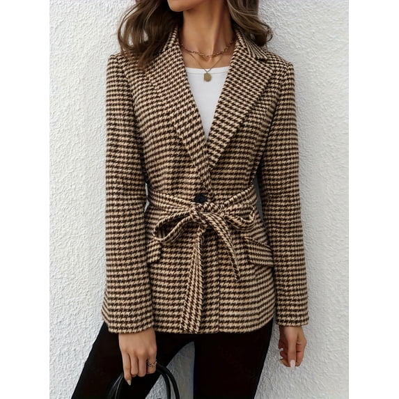 Women Houndstooth Belted Wool Blend Blazer Lapel Single Button Mid Length Fall Winter Coat