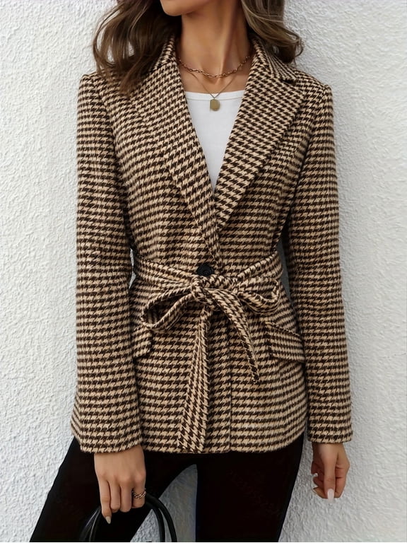 Women Houndstooth Belted Wool Blend Blazer Lapel Single Button Mid Length Fall Winter Coat