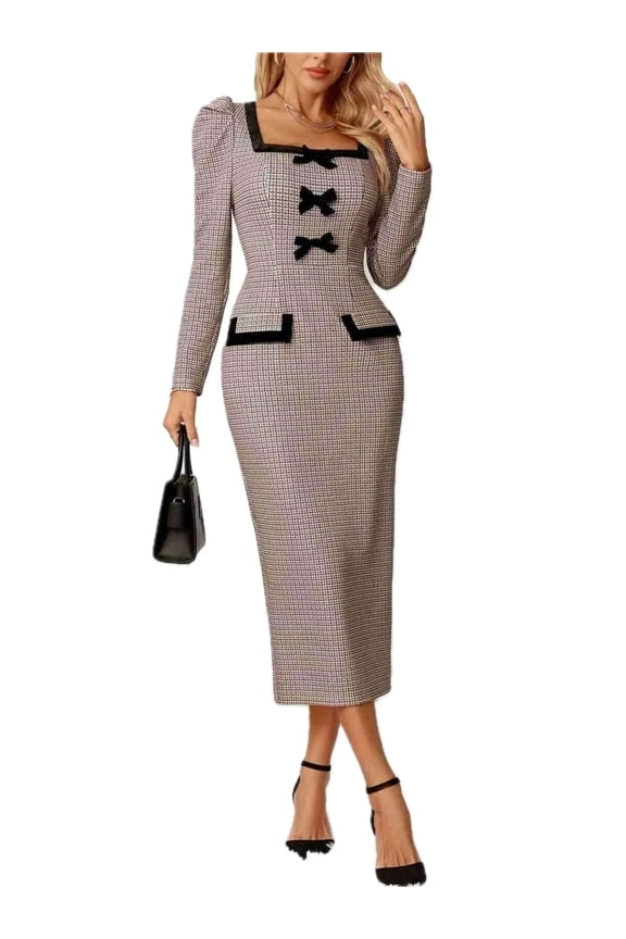 Women's Houndstooth Bow Square Neck Midi Dress 97% Polyester 3% Spandex for Elegant Professional Look for office wear