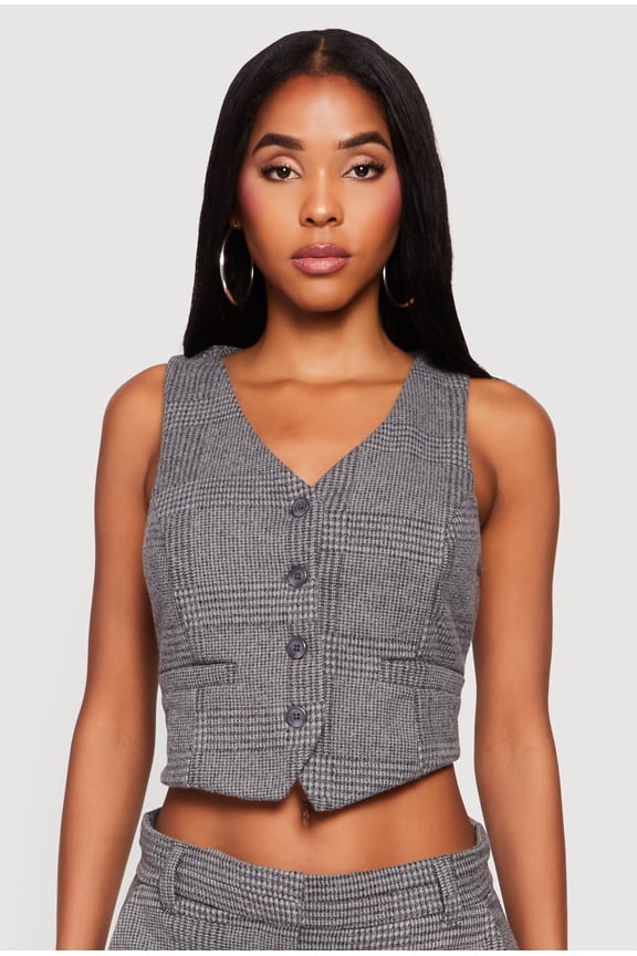 Women's Houndstooth Plaid Cropped Button Front Blazer Vest