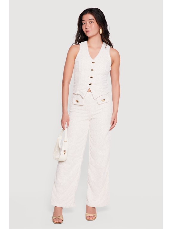 Women's Boucle Flap Pocket Detail Wide Leg Pants