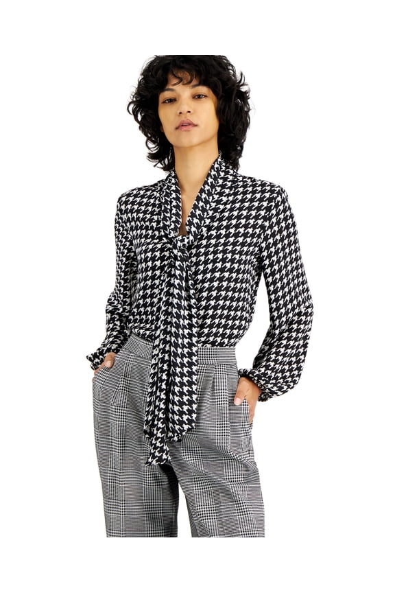Women's Houndstooth Printed Long Sleeve Blouse Bar BlackWhite XXS