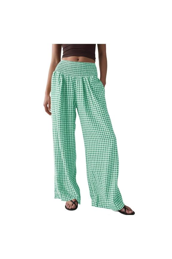 Women's Houndstooth Wide-Leg Pants with Pocket Palazzo Long Pants Stretchy High Waist Stretchy Loose Fit Casual Trousers Lightweight Casual Bottom Loungewear Pajamas