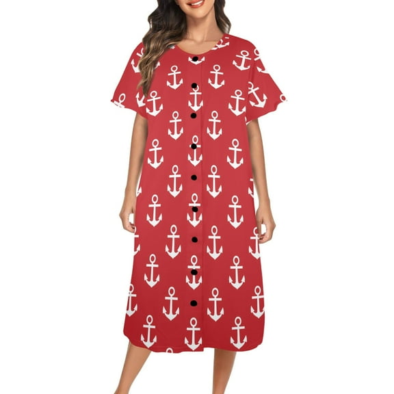 Women's House Dress, Gown, Pajamas (Size:2XL; Style:Red Anchor Women's Button Front House Dress;)