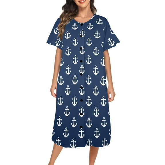 Women's House Dress, Gown, Pajamas (Size:XL; Style:Dark Blue Anchor Women's Button Front House Dress;)