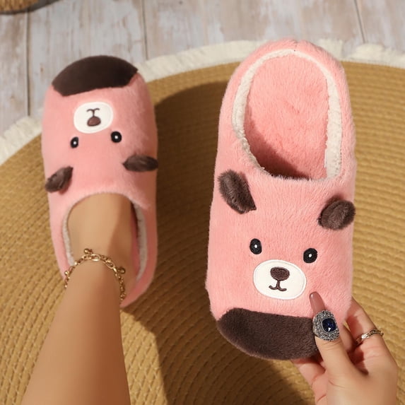 Women's House Indoor Slippers Fashion Winter Closed Toe Open Back Flat Slippers with Cute Bear Face Decor Warm Lining Non-Slip Cushioned Slides Indoor Footwear for Women Teen Girls Bedroom Dorm