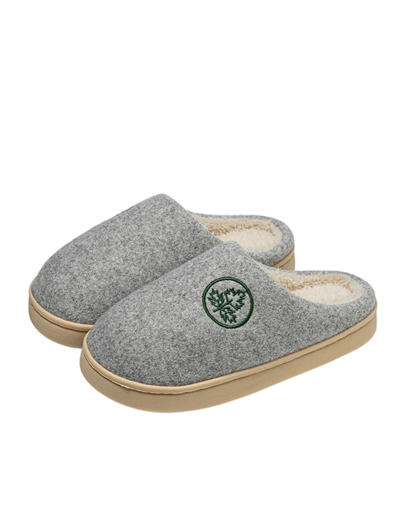 Women's House Slippers Felt Wool Upper Closed Toe Indoor Bedroom Shoes with Warm Fleece Lining, Green Leaf Embroidered Soft Cushioned Anti-Slip Sole Slip On Home Slippers Ladies Light Gray