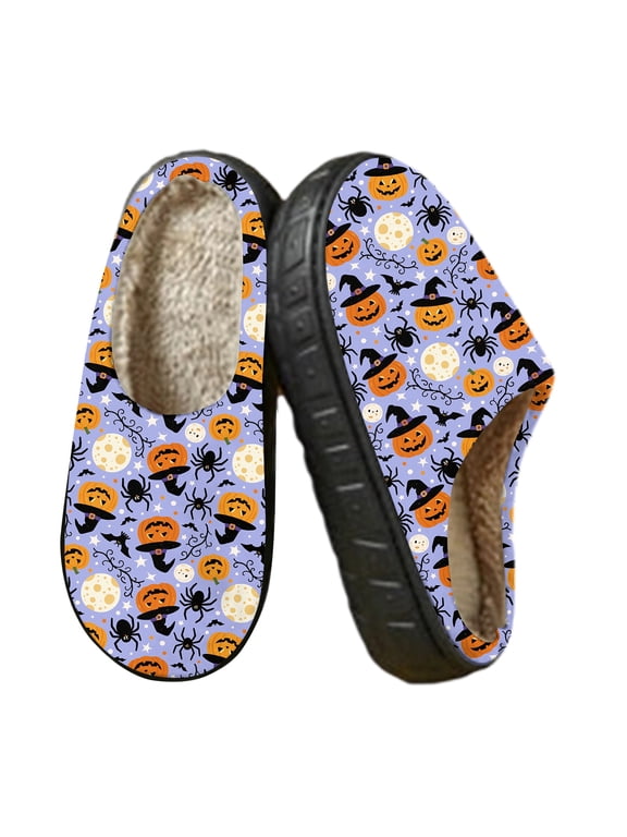 Women's House Slippers Halloween Print Closed Toe Indoor Bedroom Shoes with Thick Platform Sole, Pumpkin Ghost Maple Leaf Pattern Warm Fleece Lining Anti-Slip Slip On Slippers Light Purple