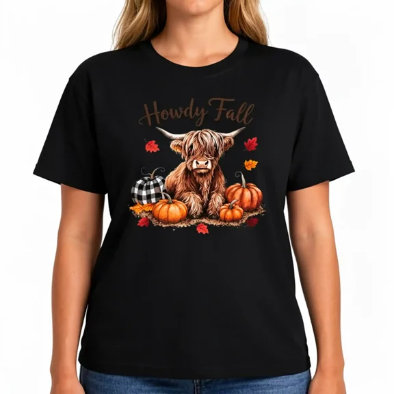 Women's Howdy Fall Highland Cow Graphic T-Shirt, Pumpkin Cotton Crew Neck Short Sleeve Tee