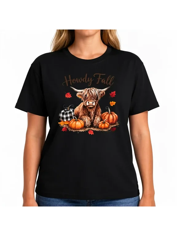 Women's Howdy Fall Highland Cow Graphic T-Shirt, Pumpkin Cotton Crew Neck Short Sleeve Tee