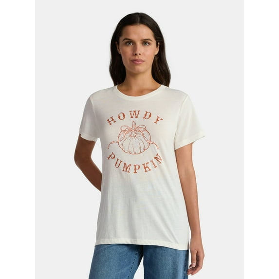Positivitees Women's Howdy Pumpkin Graphic Seasonal Fall Tee, Sizes S-XXXL