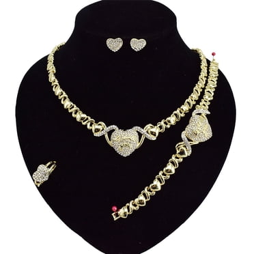 Gold Filled Hugs & Kisses Jewelry Set - Necklace, Bracelet, Earrings, Ring (Size 8)
