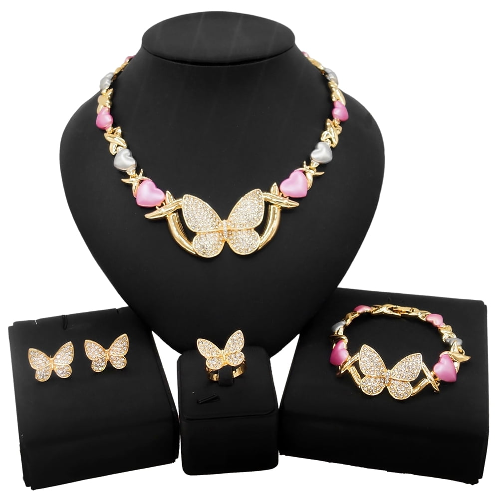 S&M JEWELRY Women's Hugs & Kisses XOXO 18k Real Gold Plated Layered 4 Pieces Necklace Set Multi Color Shiny Real Looking Diamond Butterfly Pedant Includes Necklace Bracelet Ring Earrings