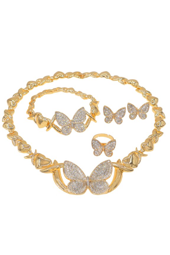 Women's Hugs & Kisses XOXO 18k Real Gold Plated Layered 4 Pieces Necklace Set Shiny Real Looking Diamond Butterfly Pedant Includes Necklace Bracelet Ring Earrings