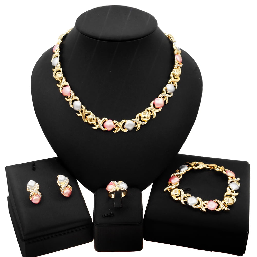 S&M JEWELRY Women's Hugs & Kisses XOXO 4 Pieces Necklace Set Multi Color Necklace Bracelet Earrings Ring 18k Real Gold Plated Layered