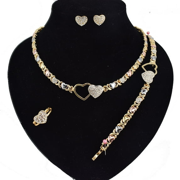 Women's Hugs & Kisses XOXO Double Heart Charm Multi Color Necklace Set Includes Ring Bracelet & Earrings set 18k Layered Real Gold Plated