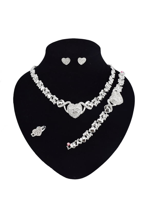Women's Hugs & Kisses XOXO Heart Charm Necklace Set Includes Ring Bracelet & Earrings set 18k Layered Real Gold Plated (Silver)