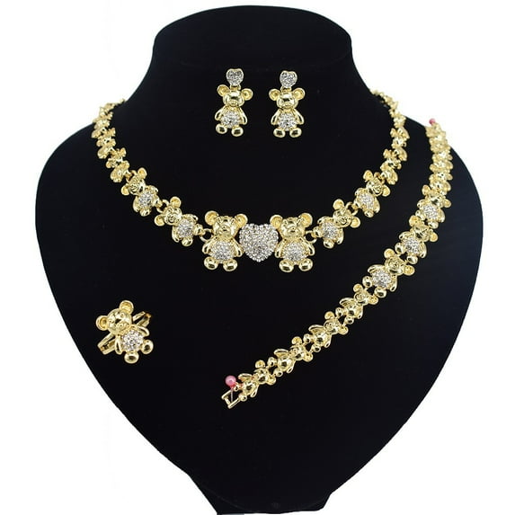Women's Hugs & Kisses XOXO Necklace Set Double Teddy Bear Pedant Necklace Includes Bracelet Earrings Ring 18K Layered Real Gold Plated