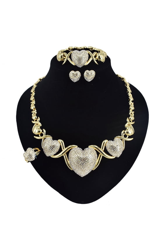 Women's Hugs & Kisses XOXO Shiny Big Heart Charm Necklace Set 18k Layered Real Gold Plated Includes Necklace Bracelet Earrings Ring Set
