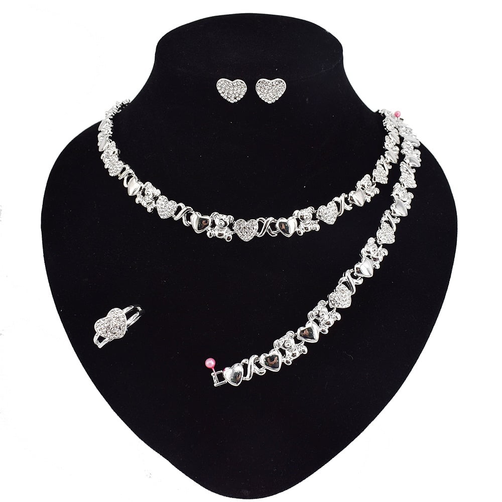S&M JEWELRY Women's Hugs & Kisses XOXO Teddy Bear Charm Necklace Set Includes Ring Bracelet & Earrings set 18k Layered Real Gold Plated (Silver)