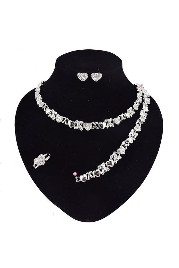 Women's Hugs & Kisses XOXO Teddy Bear Charm Necklace Set Includes Ring Bracelet & Earrings set 18k Layered Real Gold Plated (Silver)