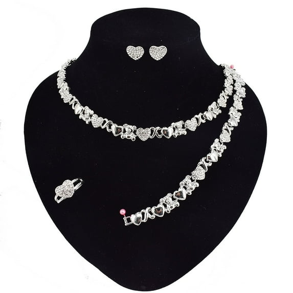 Women's Hugs & Kisses XOXO Teddy Bear Charm Necklace Set Includes Ring Bracelet & Earrings set 18k Layered Real Gold Plated (Silver)