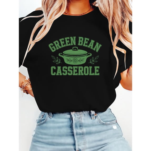 Women's Humorous "Green Bean Casserole" Retro Graphic Casual T Shirt Comfortable Short Sleeve Round Neck Top Black S-5XL