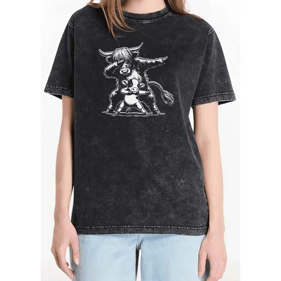 Women's Humorous "Highland Cow & Baby Dabbing" Dancing Cows Graphic Cotton Washed T Shirt Breathable Black S-2XL Plus Size